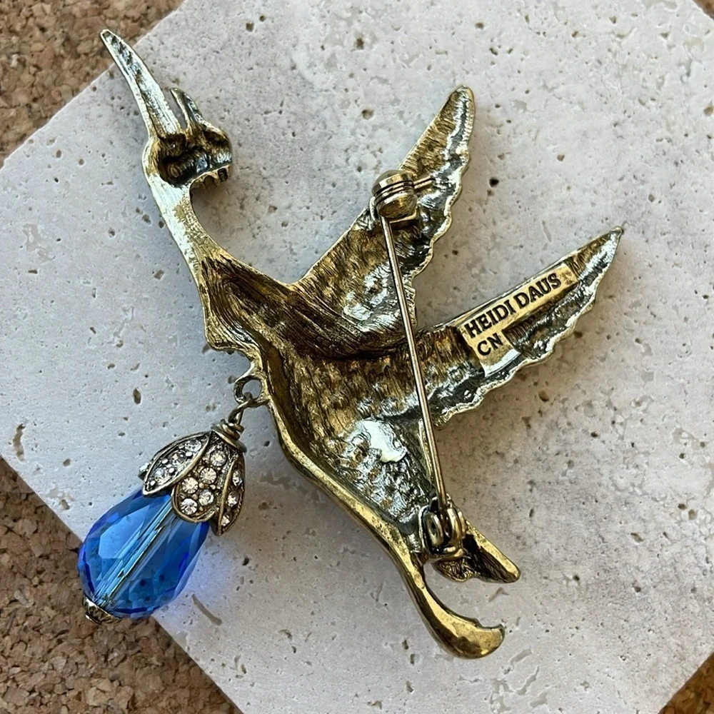 Heidi Daus Special Delivery Crystal Stork Brooch Gold Tone Blue